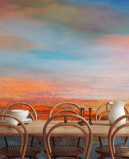 Colorful abstract painting of a sunset with reds, blues and yellows