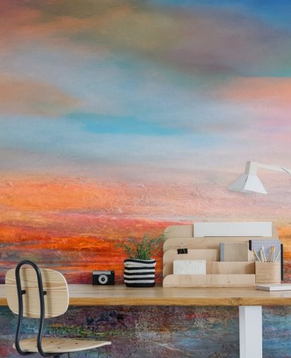 Colorful abstract painting of a sunset with reds, blues and yellows