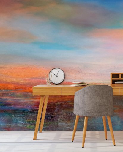 Colorful abstract painting of a sunset with reds, blues and yellows