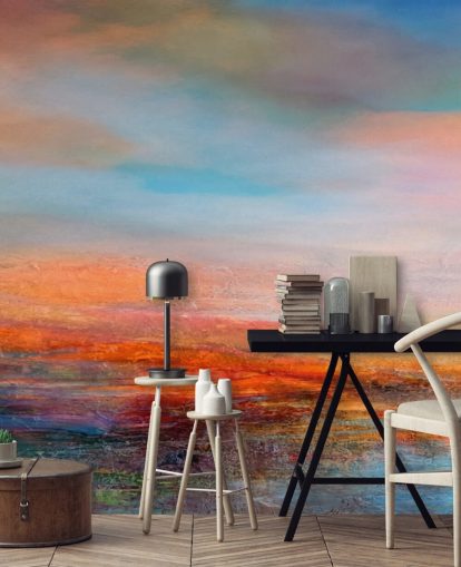 Pittura astratta colorata di un tramonto con rossi, blu e gialli