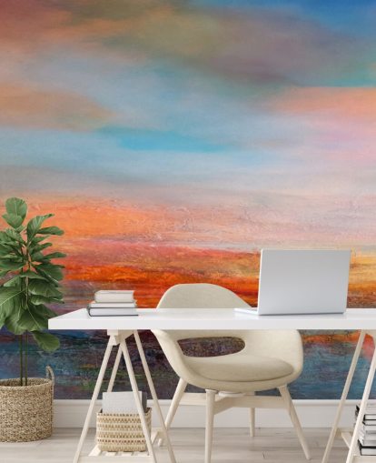 Kleurrijk abstract schilderij van een zonsondergang met rood, blauw en geel