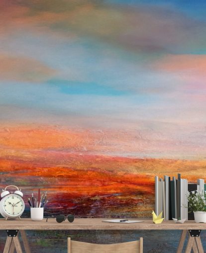 Colorful abstract painting of a sunset with reds, blues and yellows