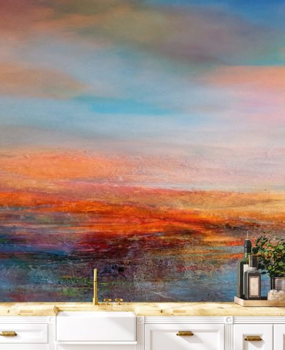 Colorful abstract painting of a sunset with reds, blues and yellows