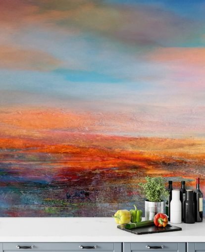 Farbenfrohes abstraktes Gemälde eines Sonnenuntergangs mit Rot-, Blau- und Gelbtönen