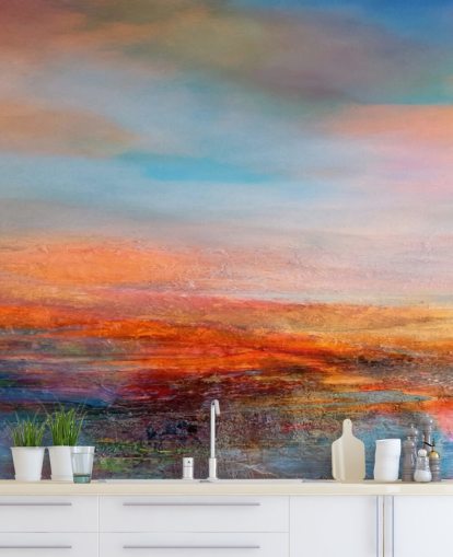 Farbenfrohes abstraktes Gemälde eines Sonnenuntergangs mit Rot-, Blau- und Gelbtönen