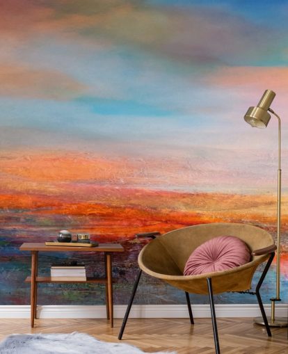 Colorful abstract painting of a sunset with reds, blues and yellows