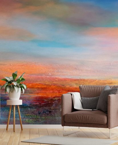 Kleurrijk abstract schilderij van een zonsondergang met rood, blauw en geel