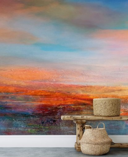 Pittura astratta colorata di un tramonto con rossi, blu e gialli