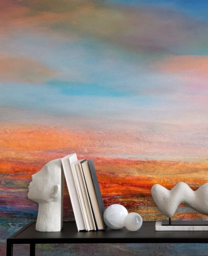 Colourful abstract painting of a sunset with reds, blues and yellows