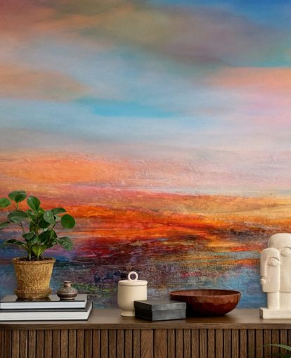 Pintura abstrata colorida de um pôr do sol com vermelhos, azuis e amarelos