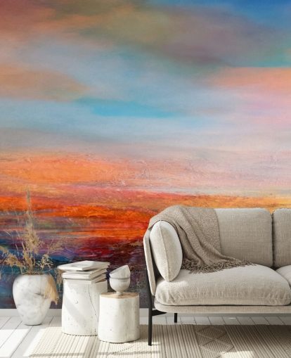 Pittura astratta colorata di un tramonto con rossi, blu e gialli