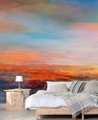 Colorful abstract painting of a sunset with reds, blues and yellows