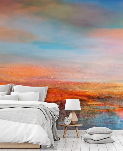 Pittura astratta colorata di un tramonto con rossi, blu e gialli