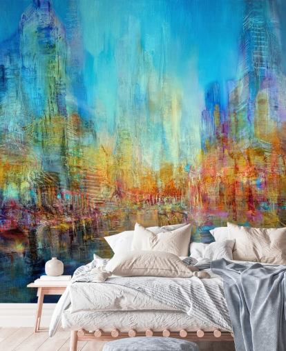 Peinture fluviale abstraite colorée avec des teintes bleues, jaunes et rouges