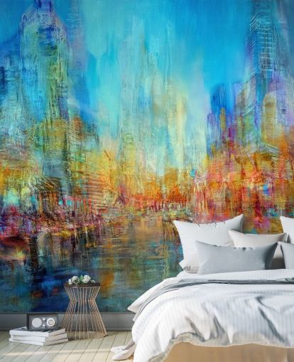 Peinture fluviale abstraite colorée avec des teintes bleues, jaunes et rouges Peinture fluviale abstraite colorée avec des teintes bleues, jaunes et rouges