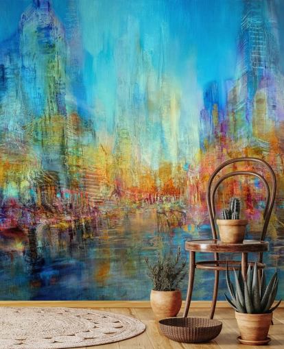 Colorful abstract river painting with blue, yellow and red hues