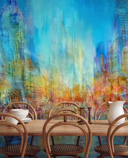 Colourful abstract river painting with blue, yellow and red hues