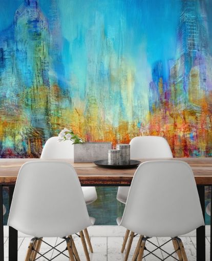 Colorful abstract river painting with blue, yellow and red hues