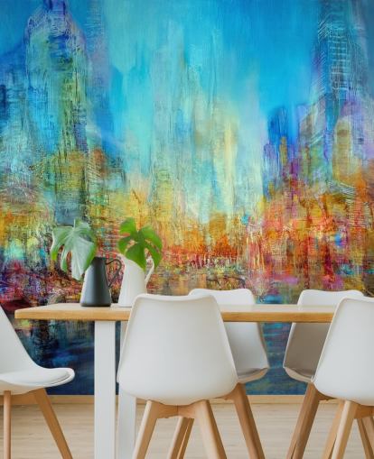 Colourful abstract river painting with blue, yellow and red hues