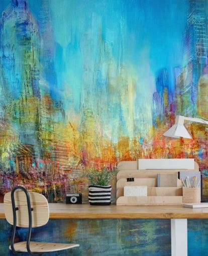 Colorful abstract river painting with blue, yellow and red hues