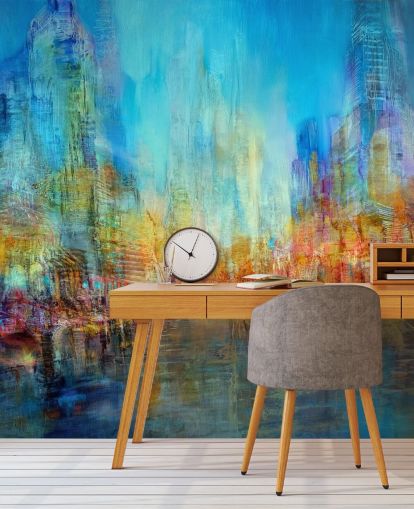 Peinture fluviale abstraite colorée avec des teintes bleues, jaunes et rouges