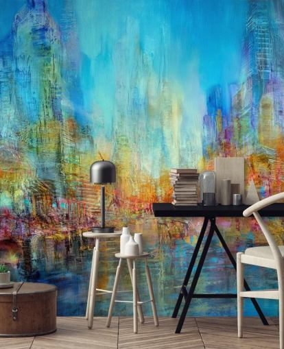 Colourful abstract river painting with blue, yellow and red hues Colourful abstract river painting with blue, yellow and red hues