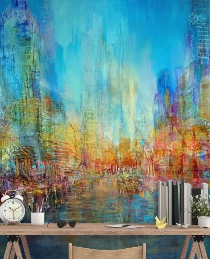 Colorful abstract river painting with blue, yellow and red hues