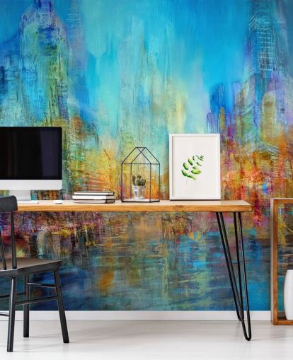 Peinture fluviale abstraite colorée avec des teintes bleues, jaunes et rouges