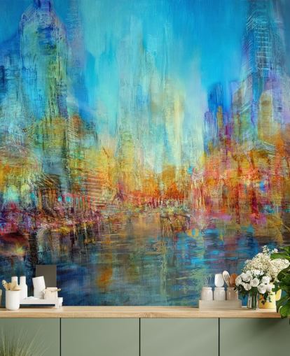 Colorful abstract river painting with blue, yellow and red hues