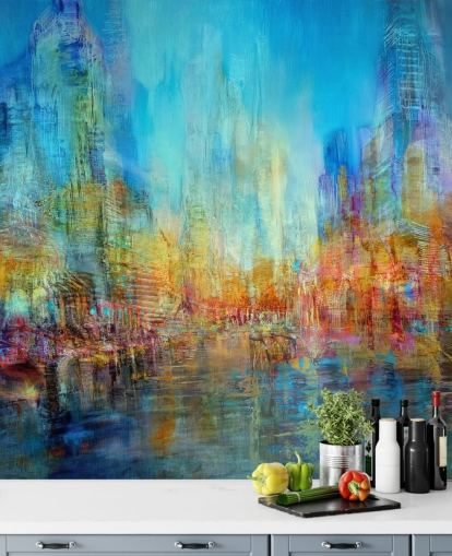 Colourful abstract river painting with blue, yellow and red hues