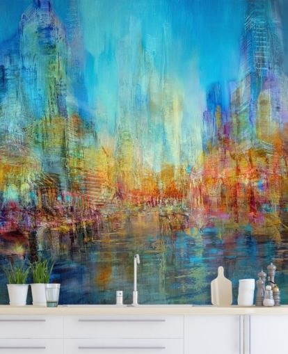 Colourful abstract river painting with blue, yellow and red hues