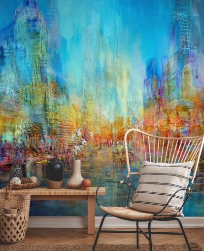 Pintura abstrata colorida de rio com tons de azul, amarelo e vermelho