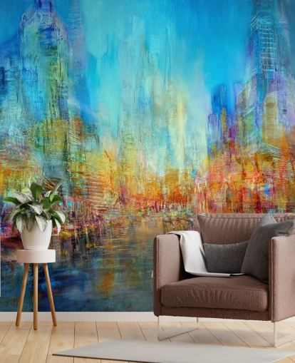 Pintura abstrata colorida de rio com tons de azul, amarelo e vermelho