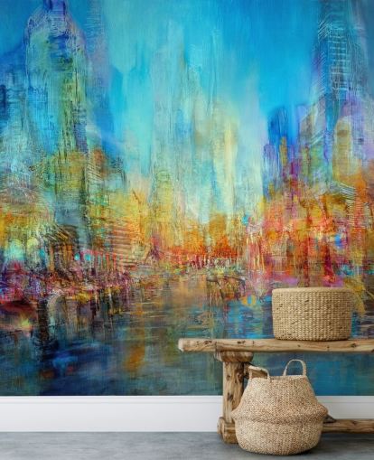 Peinture fluviale abstraite colorée avec des teintes bleues, jaunes et rouges