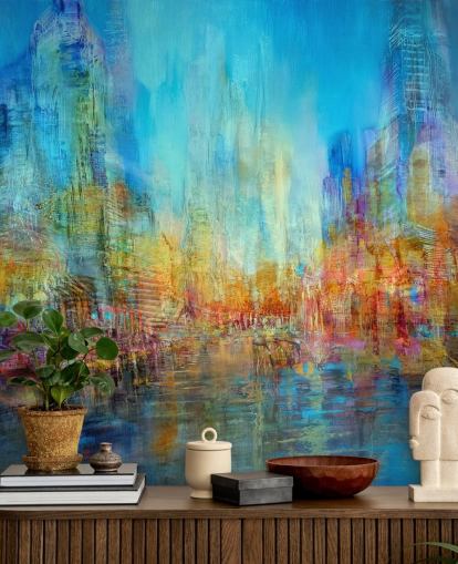 Colorful abstract river painting with blue, yellow and red hues