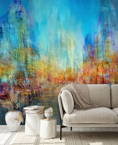 Colorful abstract river painting with blue, yellow and red hues