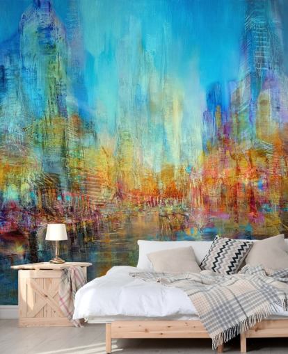 Colourful abstract river painting with blue, yellow and red hues