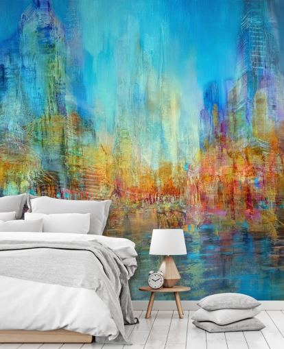 Peinture fluviale abstraite colorée avec des teintes bleues, jaunes et rouges