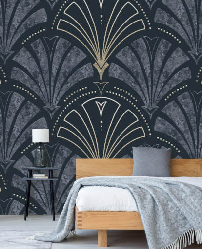 Dark blue and gold art deco wallpaper