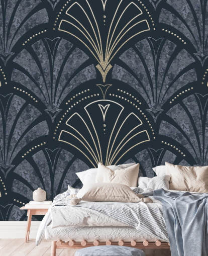 Dunkelblaue und goldene Art-Deco-Tapete