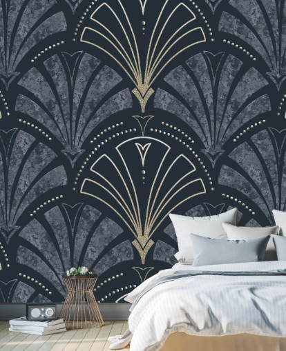 Carta da parati art deco blu scuro e oro