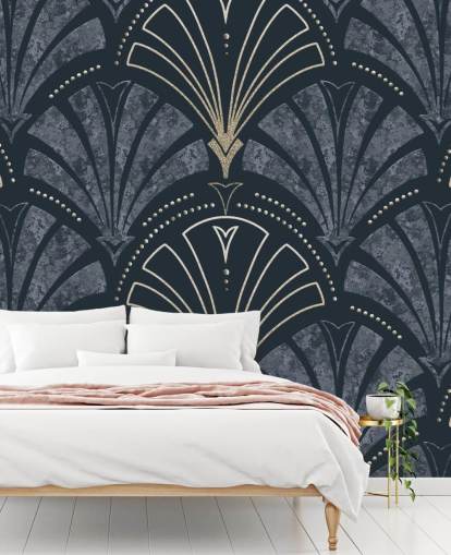 Mörkblå och guld art deco tapet