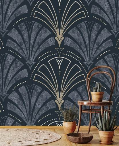 Papel de parede art déco azul escuro e dourado