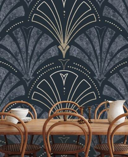 Papel pintado art decó azul oscuro y dorado