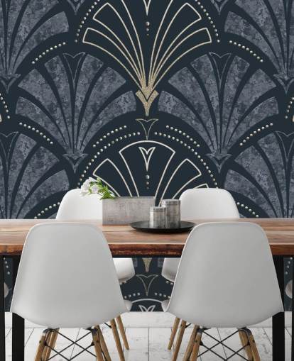 Dark blue and gold art deco wallpaper