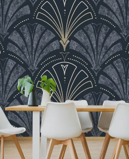 Tummansininen ja kulta art deco tapetti