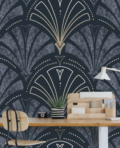 Dunkelblaue und goldene Art-Deco-Tapete