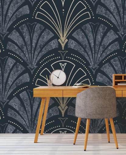Dark blue and gold art deco wallpaper