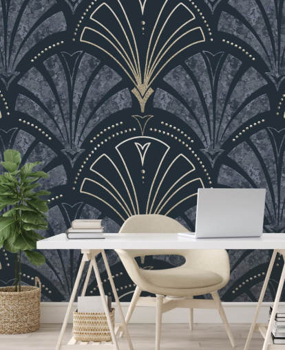 Papier peint art déco bleu foncé et doré