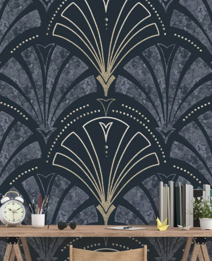 Papel de parede art déco azul escuro e dourado